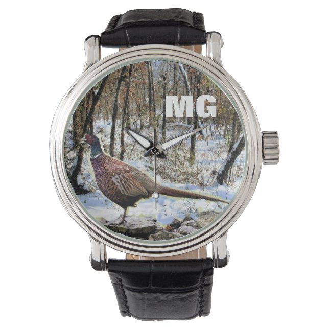 Pheasante jagers met monogram Ring-hals Horloge (Voorkant)