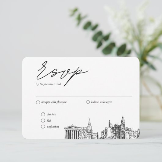 Philadelphia Bruiloft Traditionele RSVP Maaltijd O Informatiekaartje (Staand voorkant)