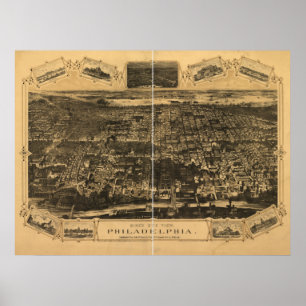 Philadelphia Penn 1876 Antiek Panoramische Kaart Poster
