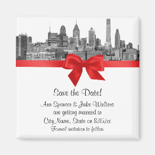 Philadelphia Silhouet Etch BW Rood Save the Date Magneet