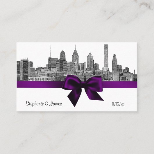 Philadelphia Skyline Etch BW Paarse Place Cards #2 Plaatskaartje (Voorkant)