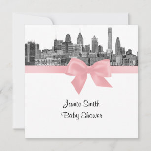 Philadelphia Skyline Etch BW Roze Baby shower Kaart