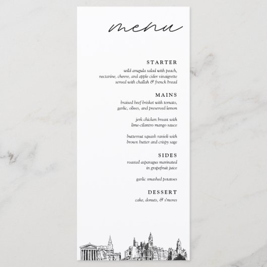 Philadelphia Skyline Mariage Diner Menu (Devant)