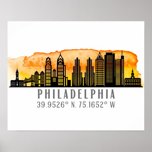 Philadelphia Sunset Skyline Map Coordinates Poster (Voorkant)