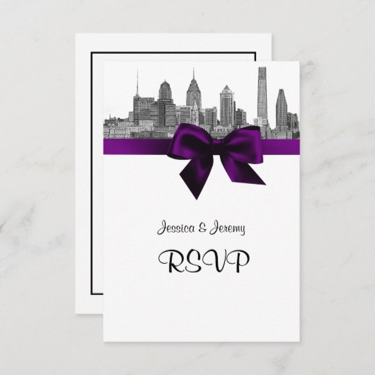 Philadelphie Skyline Etch BW Purple RSVP Menu (Devant / Derrière)