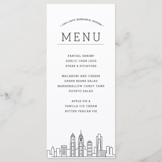 Philadelphie Skyline | Menu Dîner Mariage (Devant)