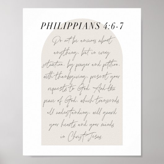 Philippians 4:6-7 Minimale Boho beige Arch Script Poster (Voorkant)