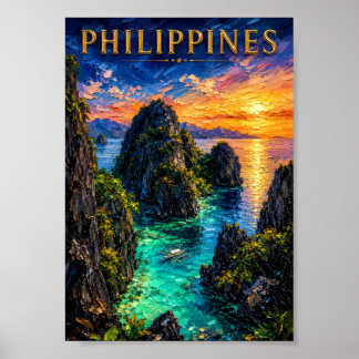 Philippines: Tropical Sunset Palawan Coast Art Sou Poster