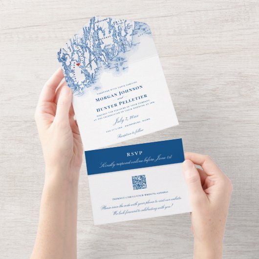 Phippsburg Maine Elegant Navy QR Bruiloft All In One Uitnodiging (Afscheurbaar)