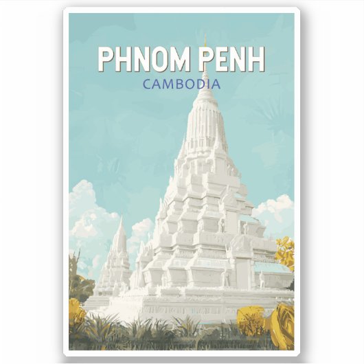 Phnom Penh Cambodja Illustratie Reizen Art Retro Sticker (Voorkant)