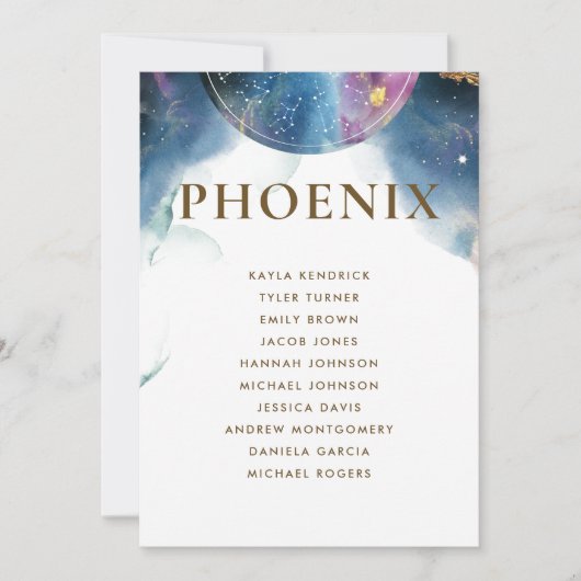 Phoenix Celestial Seating Plan Card met gastnamen (Voorkant)