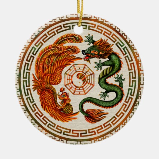 Phoenix en Dragon met bagua #3 Keramisch Ornament (Voorkant)