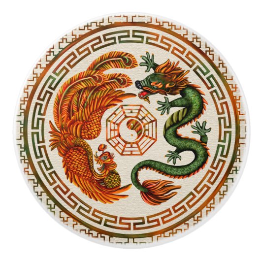 Phoenix en Dragon met bagua #3 Keramische Knop (Voorkant)