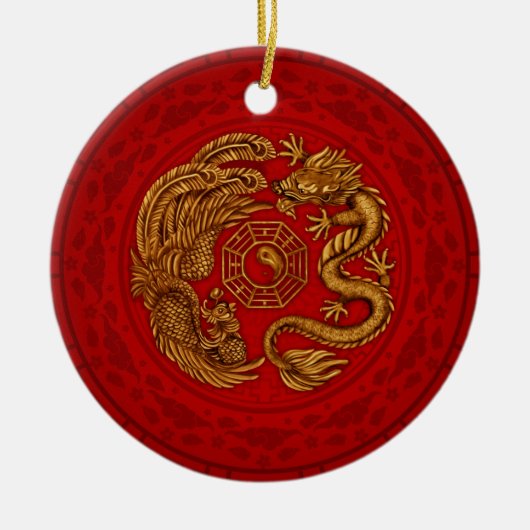 Phoenix en Dragon met bagua #4 Keramisch Ornament (Voorkant)
