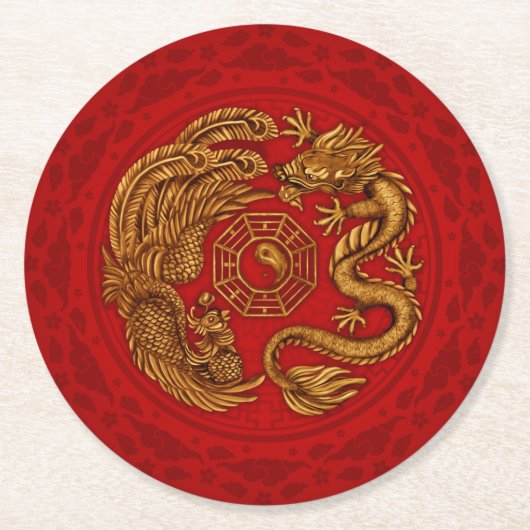 Phoenix en Dragon met bagua #4 Ronde Kartonnen Onderzetter (Voorkant)