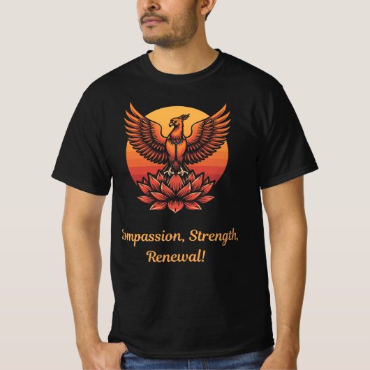 Phoenix Lotus Sunset – Compassion, Strength, Renew T-shirt (Voorkant)