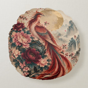 Phoenix met Pioenrozen en Kersenbloesems – Goud Rond Kussen