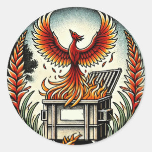 Phoenix rijzend uit de as van het vuilnisbakvuur ronde sticker
