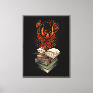Phoenix rijzend uit de vlammen van boeken Fantasie Canvas Afdruk