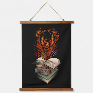 Phoenix rijzend uit de vlammen van boeken Fantasy Hangend Wandkleed