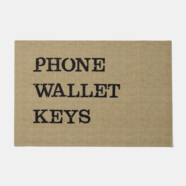 PHONE WALLET KEYS Black op Burlap Effect Deurmat (Voorkant)