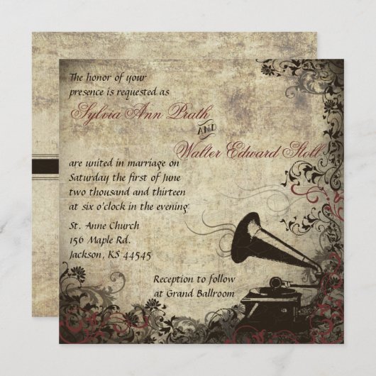 Phonograph Vintage Wedding Invitation (Devant / Derrière)