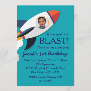 Phot0 Rocket Spaceship Boy Birthday Invitation Kaart
