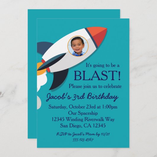 Phot0 Rocket Spacship Boy Invitation Anniversaire (Devant / Derrière)