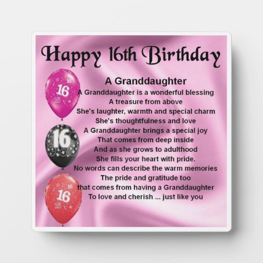 Photo 16e anniversaire Design Grandgirl Poème Plaque (Devant)
