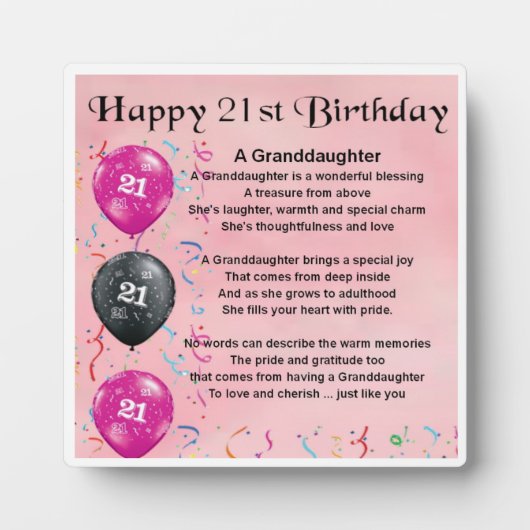 Photo 21e anniversaire Design Grandgirl Poème Plaque (Devant)