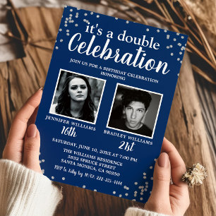 Photo Adulte Bleu Argent Anniversaire Invitation