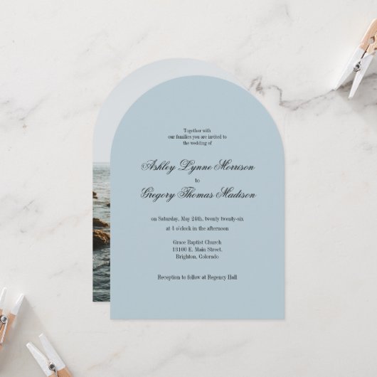 Photo Arch Shaped teal Wedding Invitation (Devant/Arrière en situation)