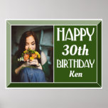 Photo Art déco vert 30e anniversaire<br><div class="desc">Décorez votre fête avec cette affiche photo Art déco vert 30e anniversaire. Customisez avec l'âge,  le nom et la photo préférée de la personne d'anniversaire. Il dispose d'une police Art déco moderne avec une bordure biseautée élégante.</div>