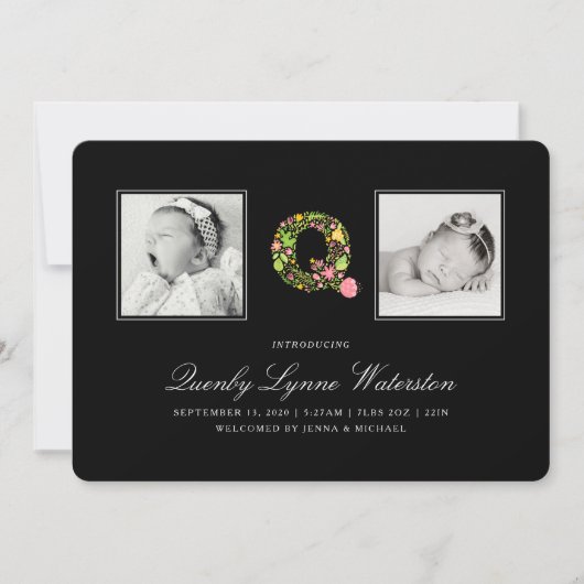 PHOTO BABY FAIRE-PART | Alphabet floral Q (Devant)