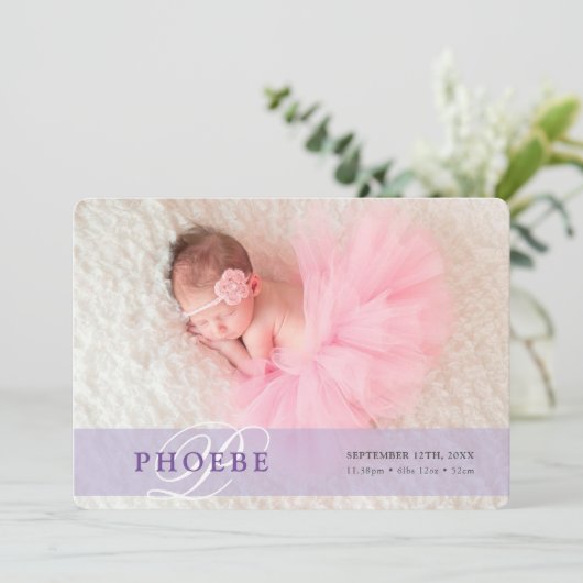 PHOTO BABY FAIRE-PART superposition initiale viole (Debout devant)