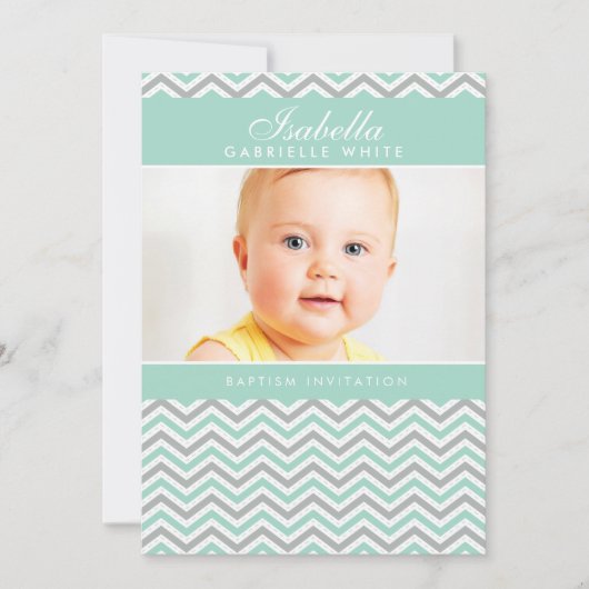 PHOTO BAPTISM INVITATION :: menthe de chevron (Devant)