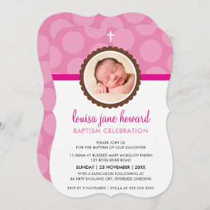 PHOTO BAPTISM INVITATION mignon pois motif rose