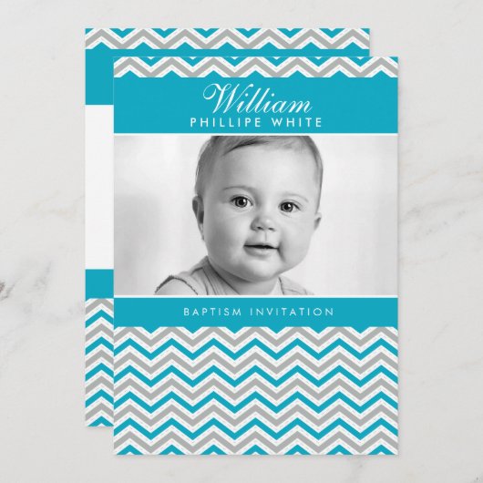 PHOTO BAPTISME INVITATION :: aqua chevron doux (Devant / Derrière)