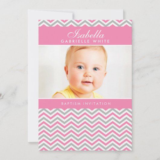 PHOTO BAPTISME INVITATION :: chevron rose doux (Devant)