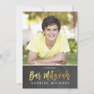 PHOTO BAR MITZVAH modern chalkboard gold writing Kaart