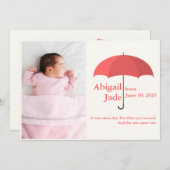 Photo bébé, nom, date, Faire-part parapluie rouge (Devant / Derrière)