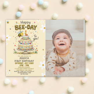 Photo Bee-Day 1st Birthday Invitation – Cute Bee Kaart