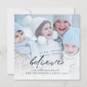 Photo Believe Script Naam Christmas Happy Holiday Notitiekaartje
