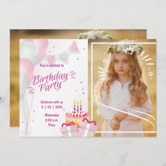 Photo Birthday Invitation with Balloons & Cake (Devant / Derrière)
