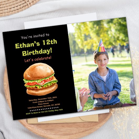 Photo Black Brown Burger Anniversaire Invitations