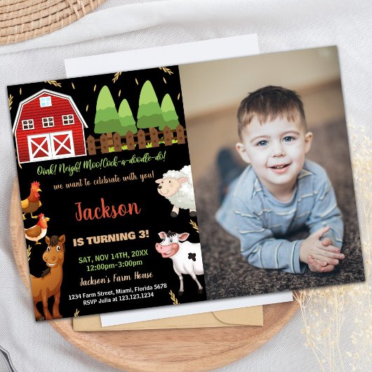 Photo Black Brown Green Farm Invitations d'anniver