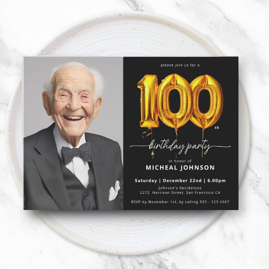 Photo Black Gold 100th Birthday Invitation
