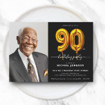 Photo Black Gold 90th Birthday Invitation<br><div class="desc">Photo Black Gold 90th Birthday Invitation. Célébrez votre jalon avec cette invitation photo personnalisée avec des numéros de ballons d'or et un design élégant. Vitrine de souvenirs chéris aux accents chatoyants, créant une touche sophistiquée et personnelle. Idéal pour marquer les grands moments de la vie, cette invitation allie une touche...</div>