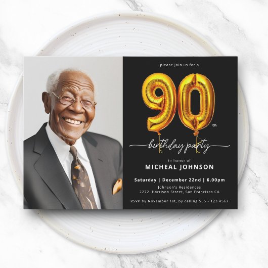 Photo Black Gold 90th Birthday Invitation