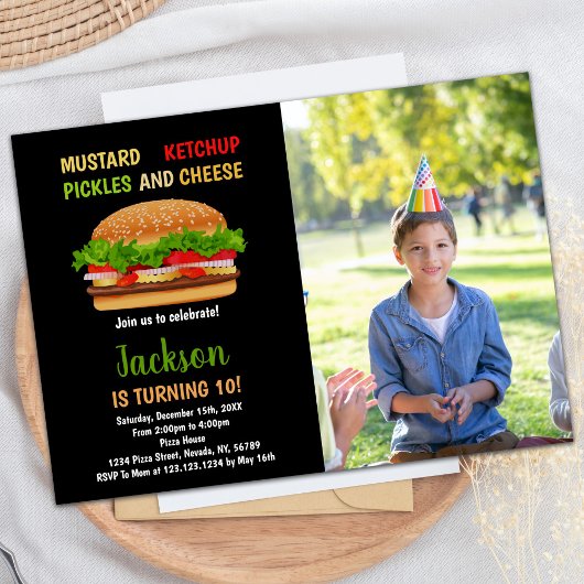 Photo Black Red Green Burger Invitations Anniversa